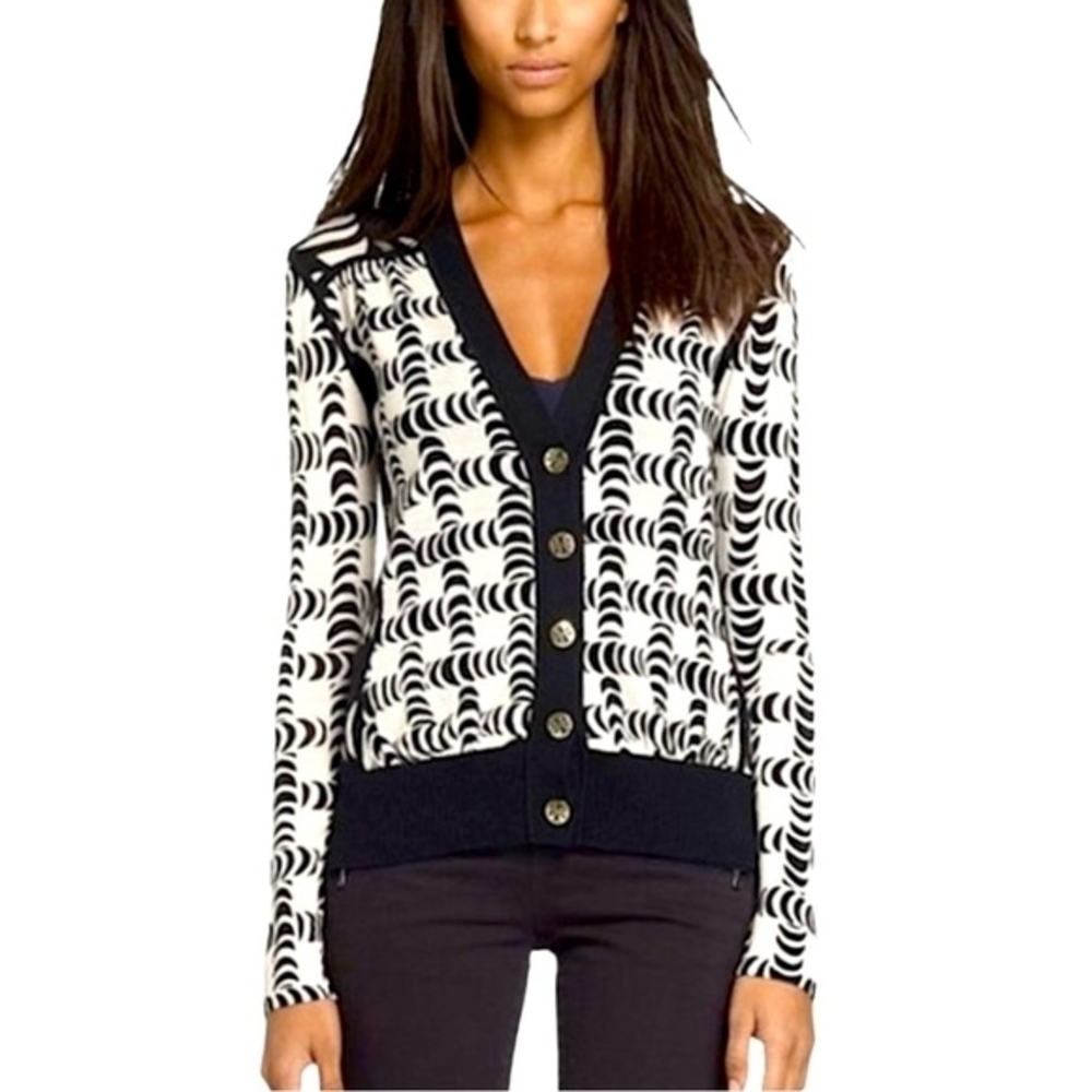 Tory Burch Black & Cream Graphic Wool Cardigan XS | Chic Button Front Statement